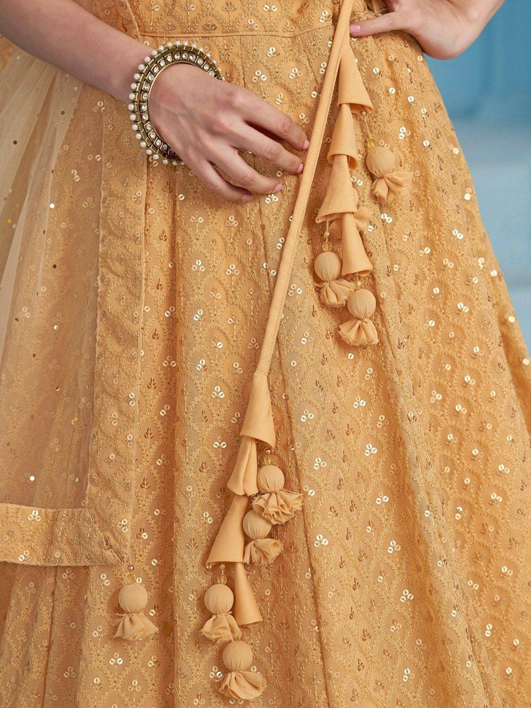 Bewitching Beige Thread Embroidered Georgette Monochrome Lehenga Choli - Ethnic Plus In