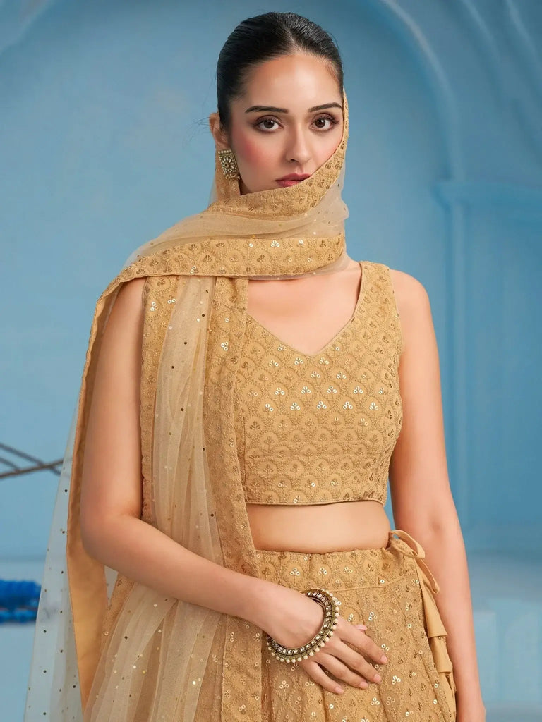 Bewitching Beige Thread Embroidered Georgette Monochrome Lehenga Choli - Ethnic Plus In