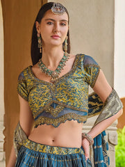 Bewitching Blue Foil Printed Silk Wedding Wear Lehenga Choli - Ethnic Plus In