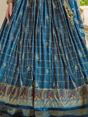 Bewitching Blue Foil Printed Silk Wedding Wear Lehenga Choli - Ethnic Plus In