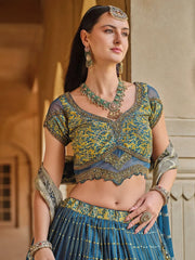 Bewitching Blue Foil Printed Silk Wedding Wear Lehenga Choli - Ethnic Plus In
