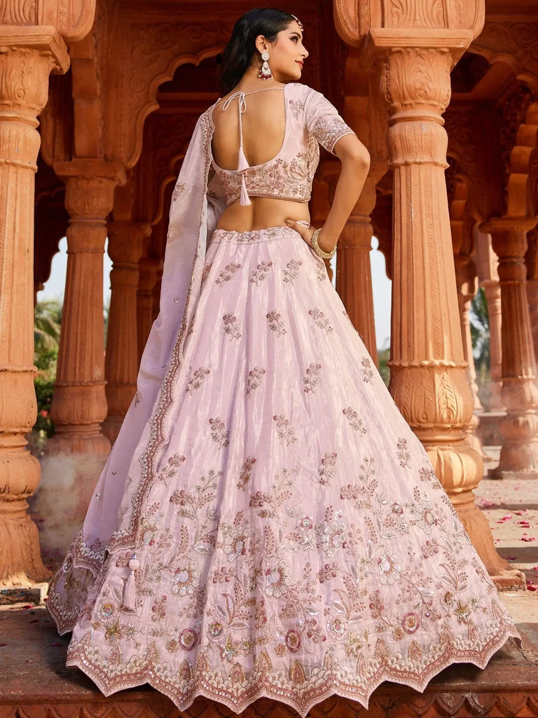 Bewitching Coral Pink Tissue Silk Bridesmaid Pastel Lehenga Choli - Ethnic Plus In