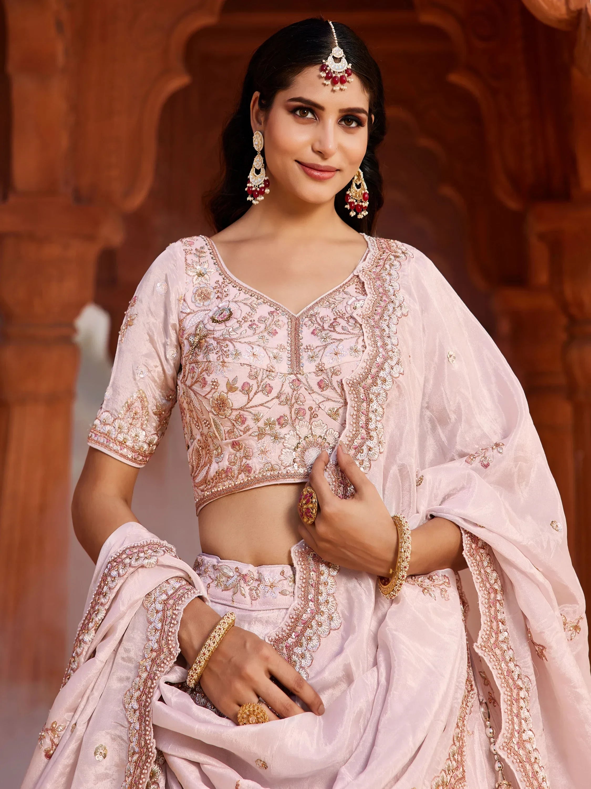 Bewitching Coral Pink Tissue Silk Bridesmaid Pastel Lehenga Choli - Ethnic Plus In