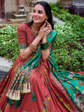 Bewitching Coral Red Kalamkari Print Tussar Silk Lehenga Choli With Dupatta - Ethnic Plus In