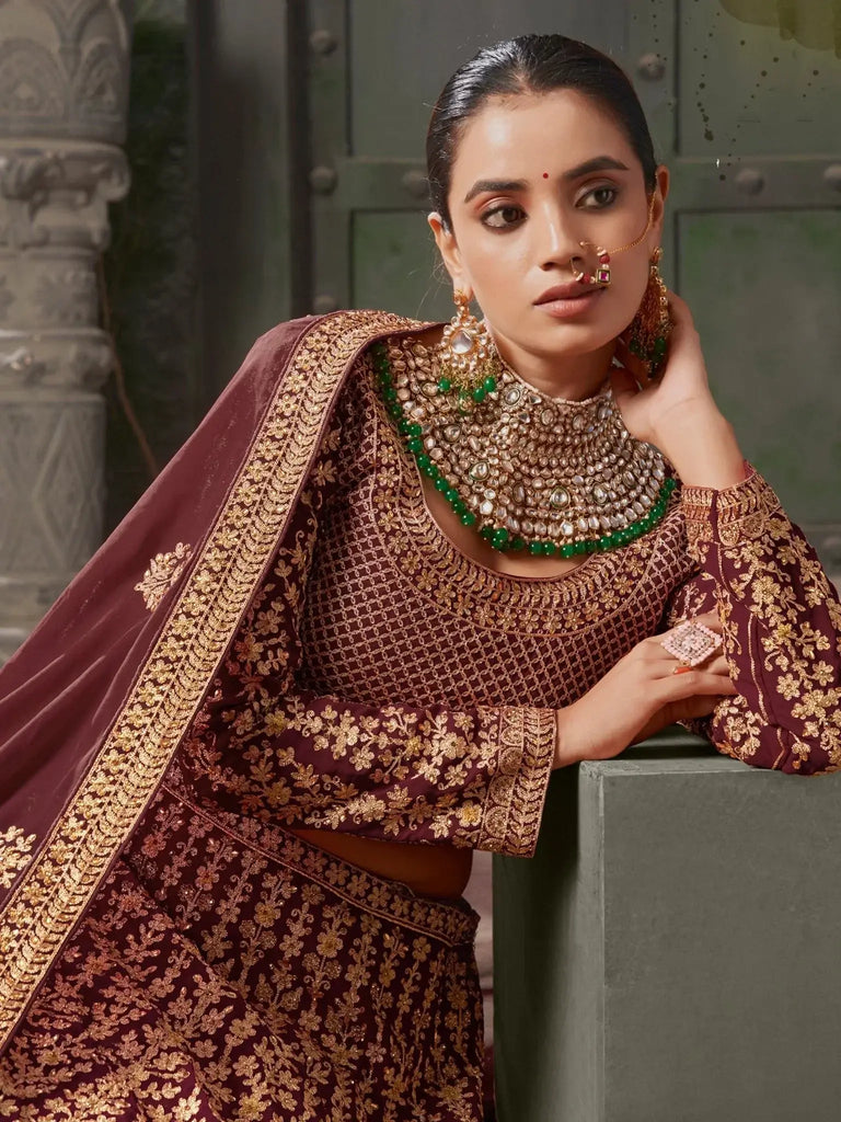 Bewitching Maroon Jarkan Work Georgette Bridal Lehenga Choli - Ethnic Plus In