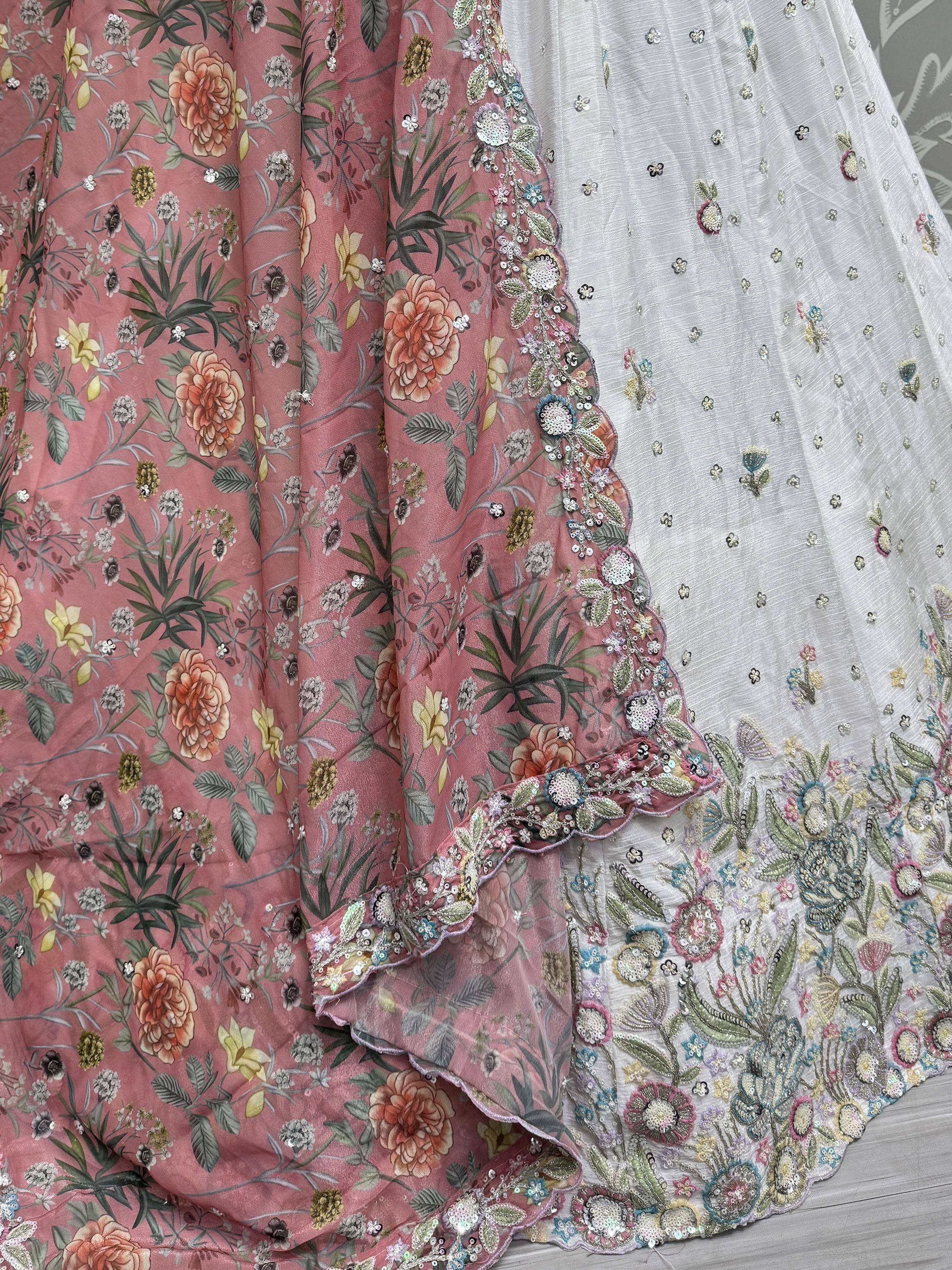 Green floral embroidered lehenga choli with matching dupatta, Indian ethnic wear for women