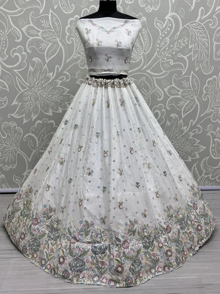 Bewitching Off - White Sequins Chinon Wedding Wear Lehenga Choli - Ethnic Plus In