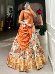 Bewitching Orange Floral Printed Dola Silk Lehenga Choli With Dupatta - Ethnic Plus In