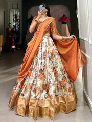 Bewitching Orange Floral Printed Dola Silk Lehenga Choli With Dupatta - Ethnic Plus In