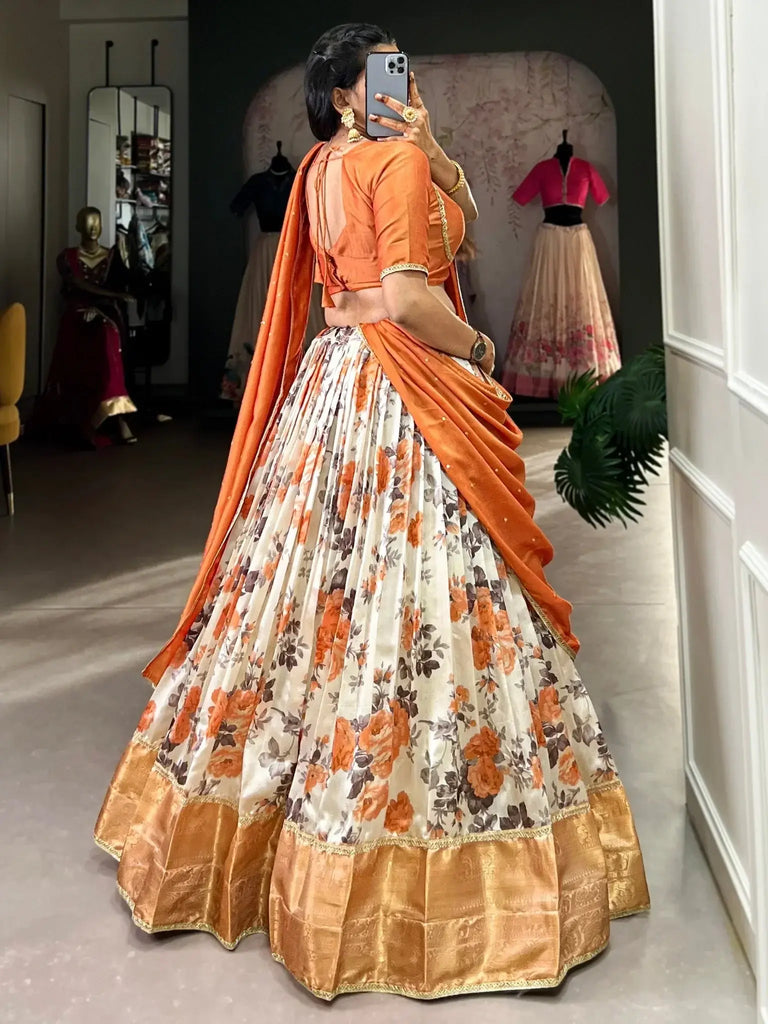 Bewitching Orange Floral Printed Dola Silk Lehenga Choli With Dupatta - Ethnic Plus In