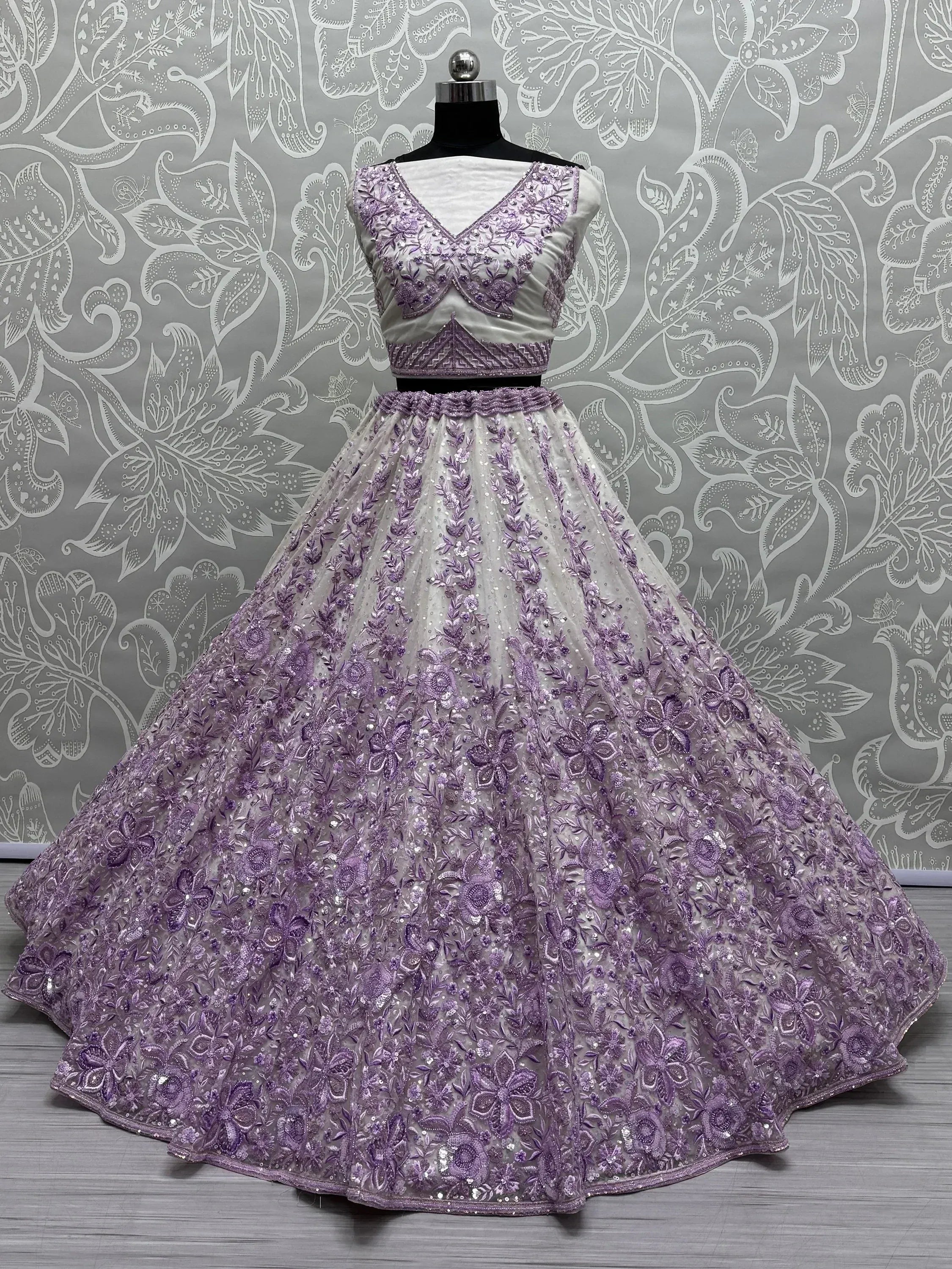 Lavender embroidered lehenga choli with floral sequin work, perfect for Indian ethnic occasions