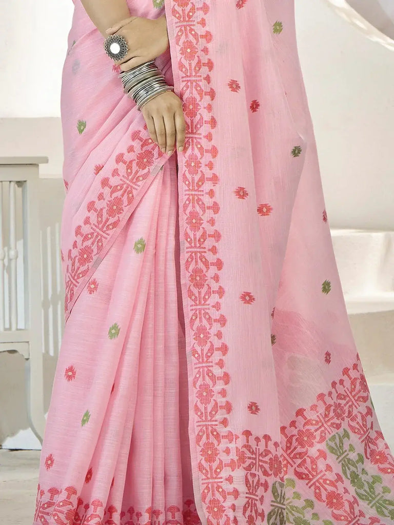 Bewitching Pink Digital Printed Linen Casual Wear Saree With Blouse
