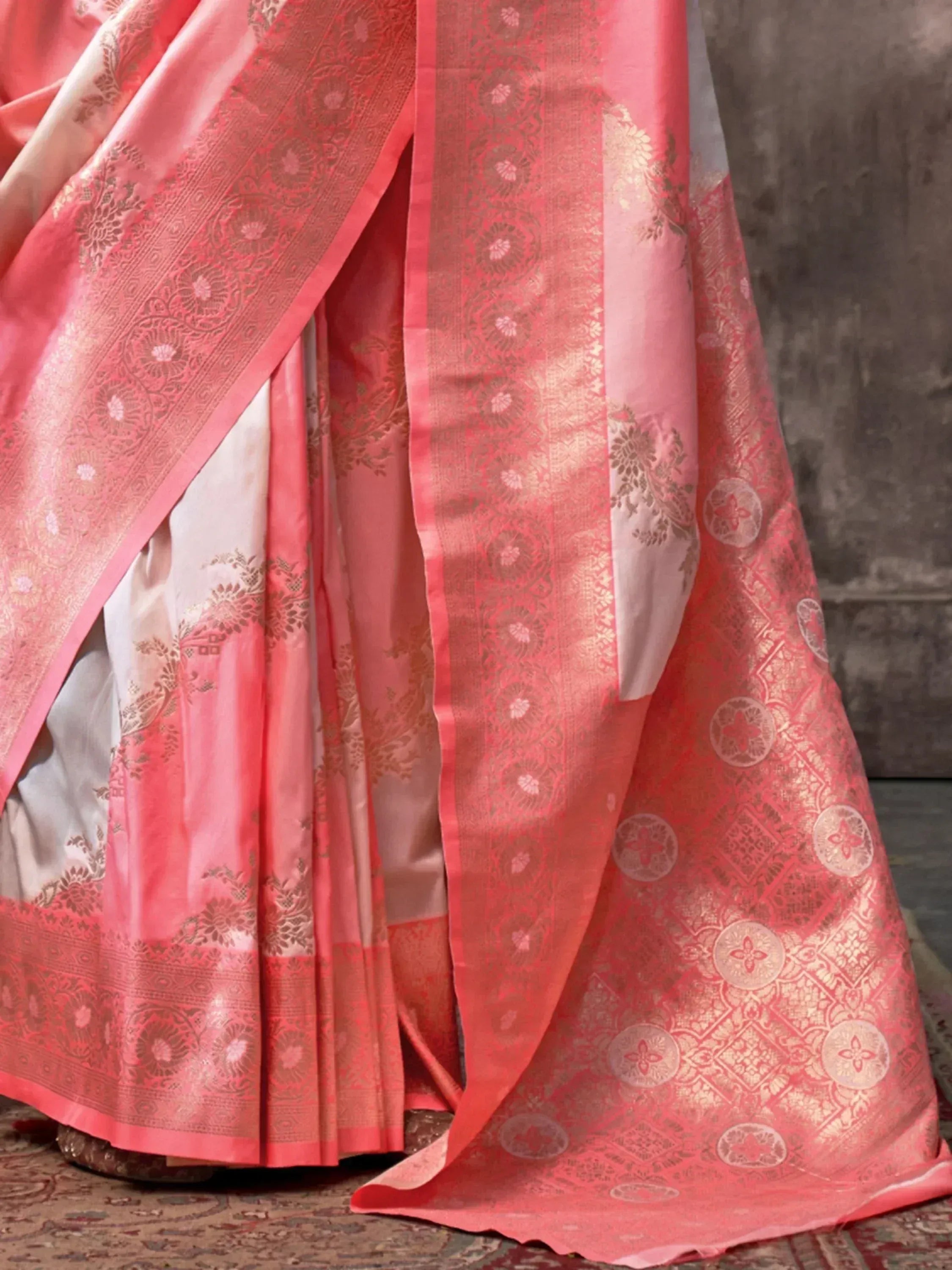 Pink floral brocade saree with gold zari work, elegant Indian ethnic wear for festive occasions