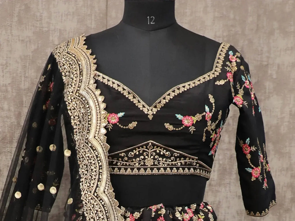 Stunning Black Embroidery Chinon Silk Wedding Wear Lehenga Choli