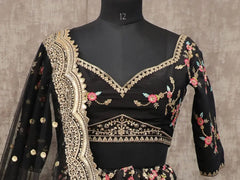 Stunning Black Embroidery Chinon Silk Wedding Wear Lehenga Choli