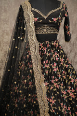 Stunning Black Embroidery Chinon Silk Wedding Wear Lehenga Choli