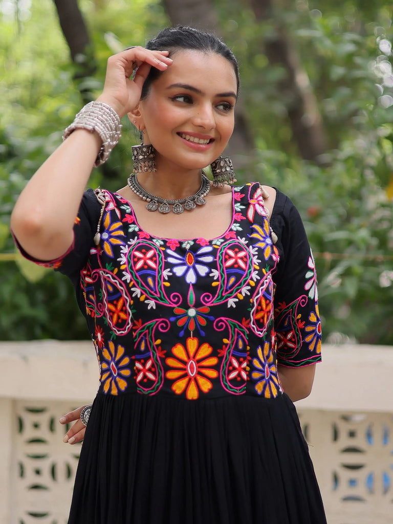 Wonderful Black Rayon Thread Embroidered Navratri Wear Gown