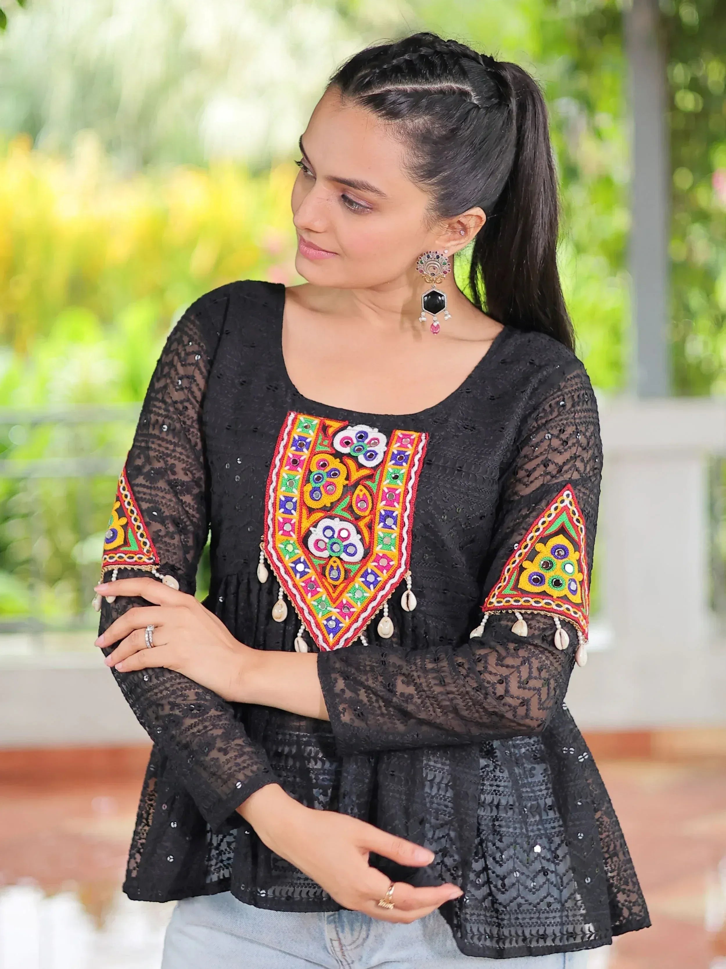 Black embroidered ethnic top with colorful mirror work and lace detailing