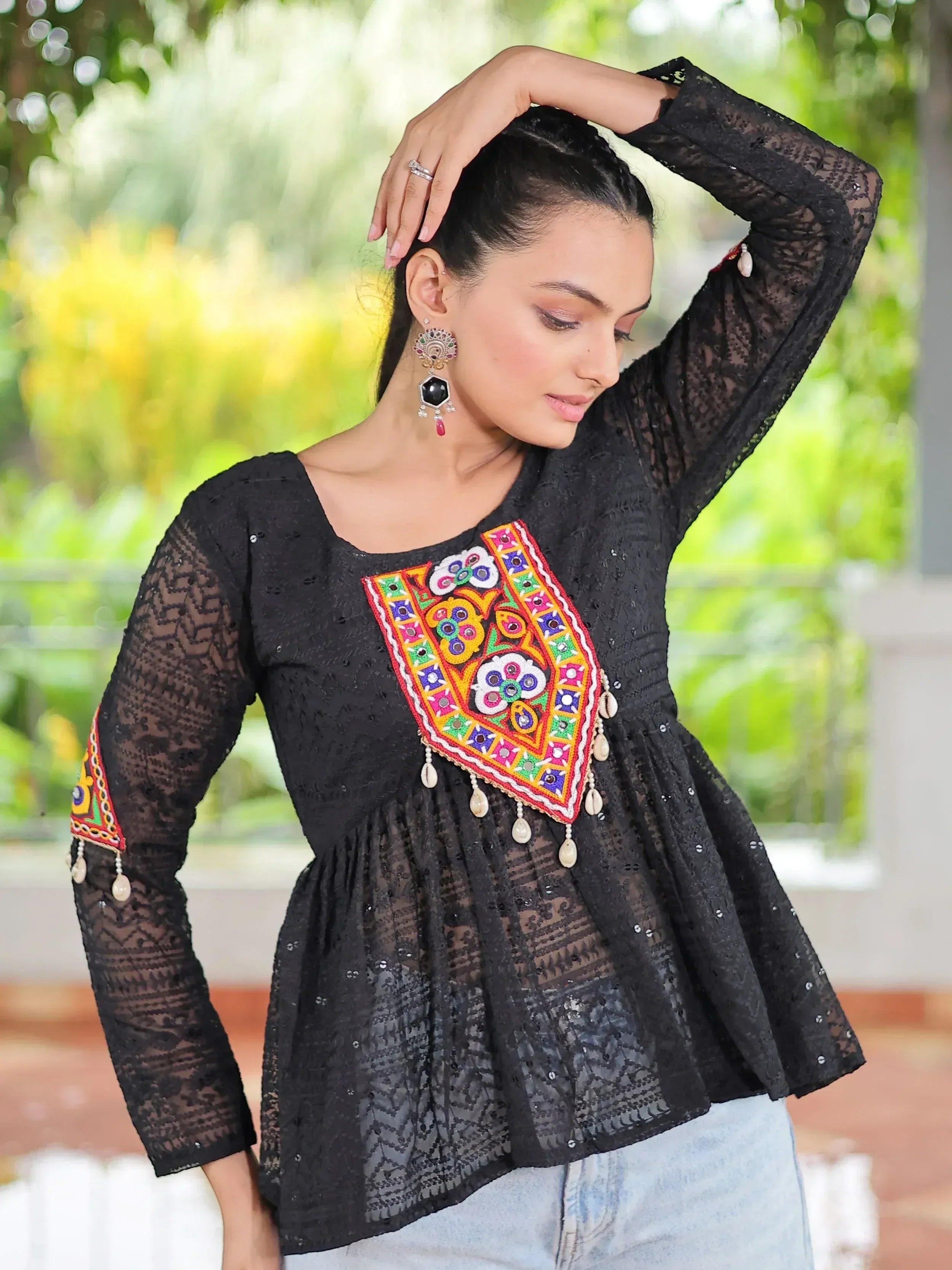 Black embroidered ethnic top with colorful mirror work and lace sleeves