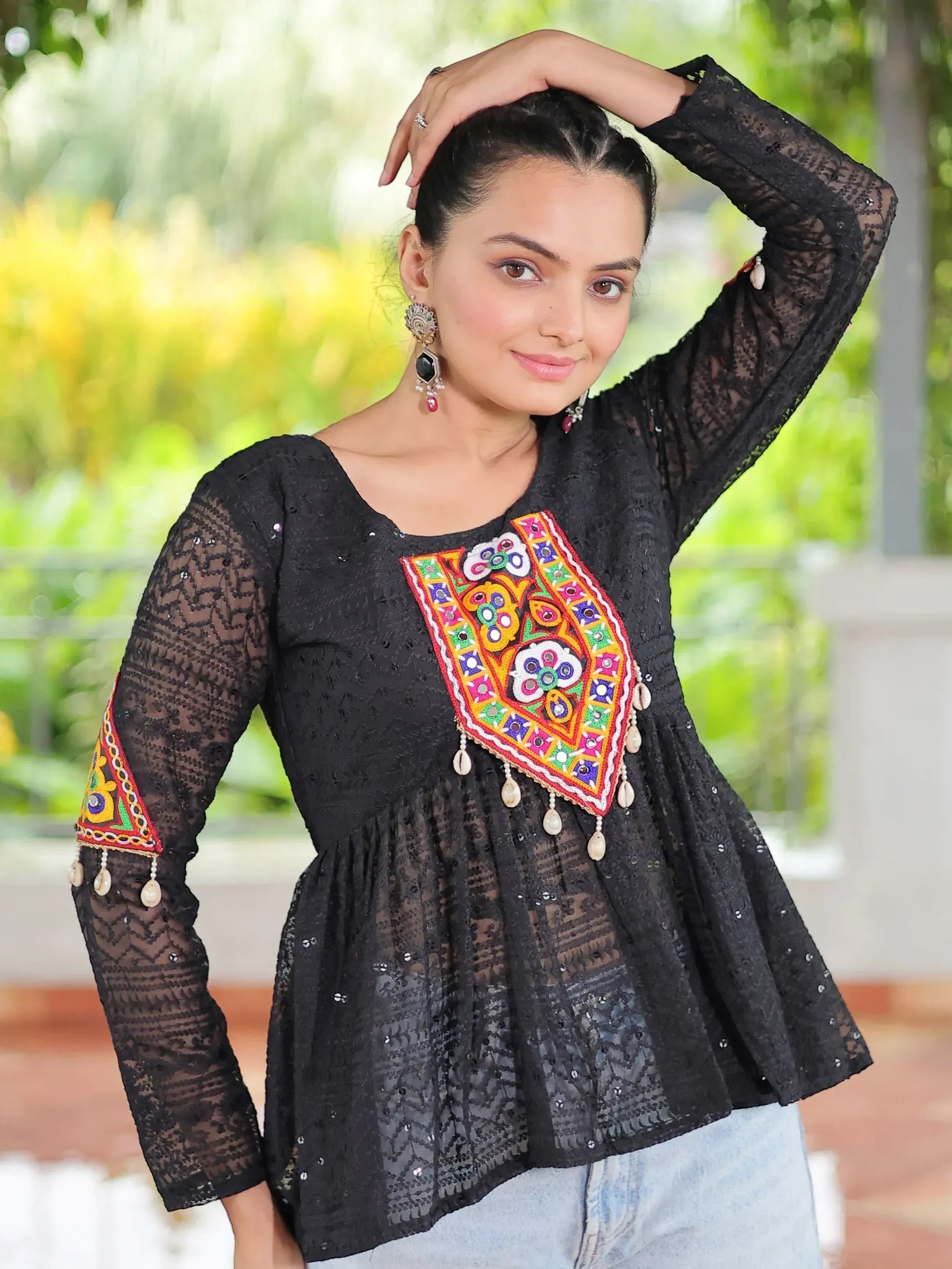 Black lace top with colorful mirror embroidery and shell tassels, ethnic wear for women