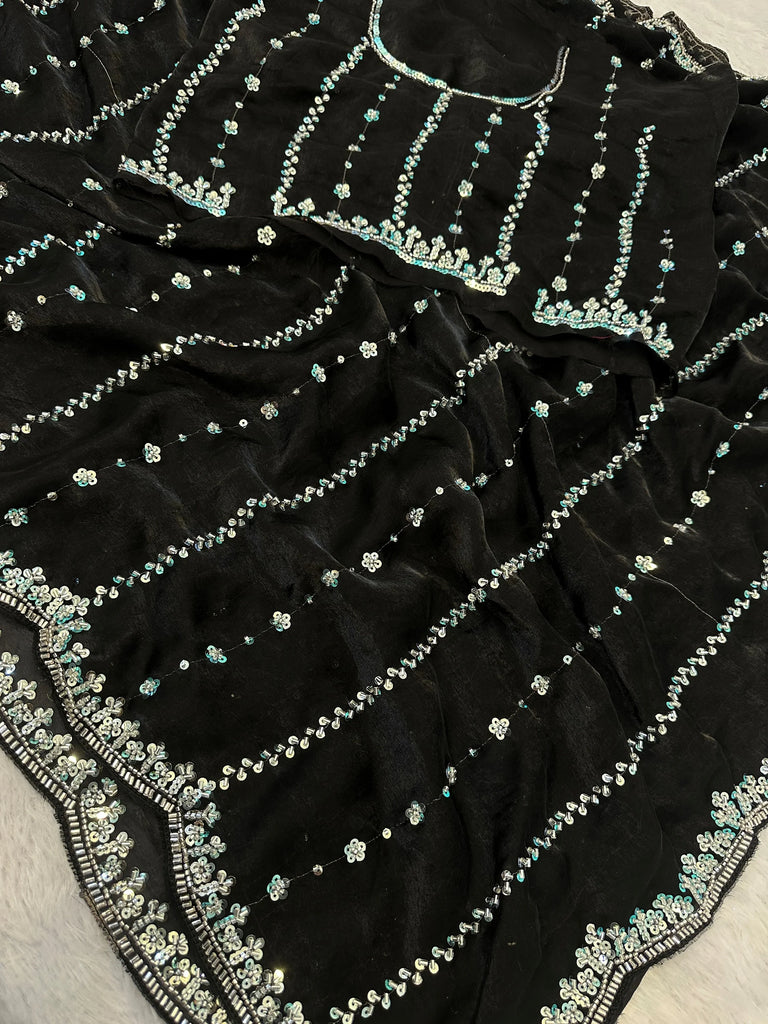 Adorable Black Beads Work Satin Party Wear Saree With Blouse