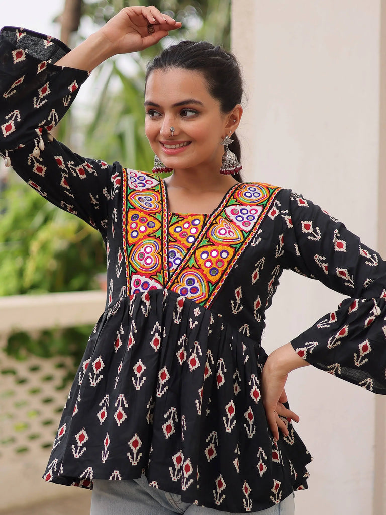 Classy Black Cotton Ikkat Printed Navratri Wear Peplum Top