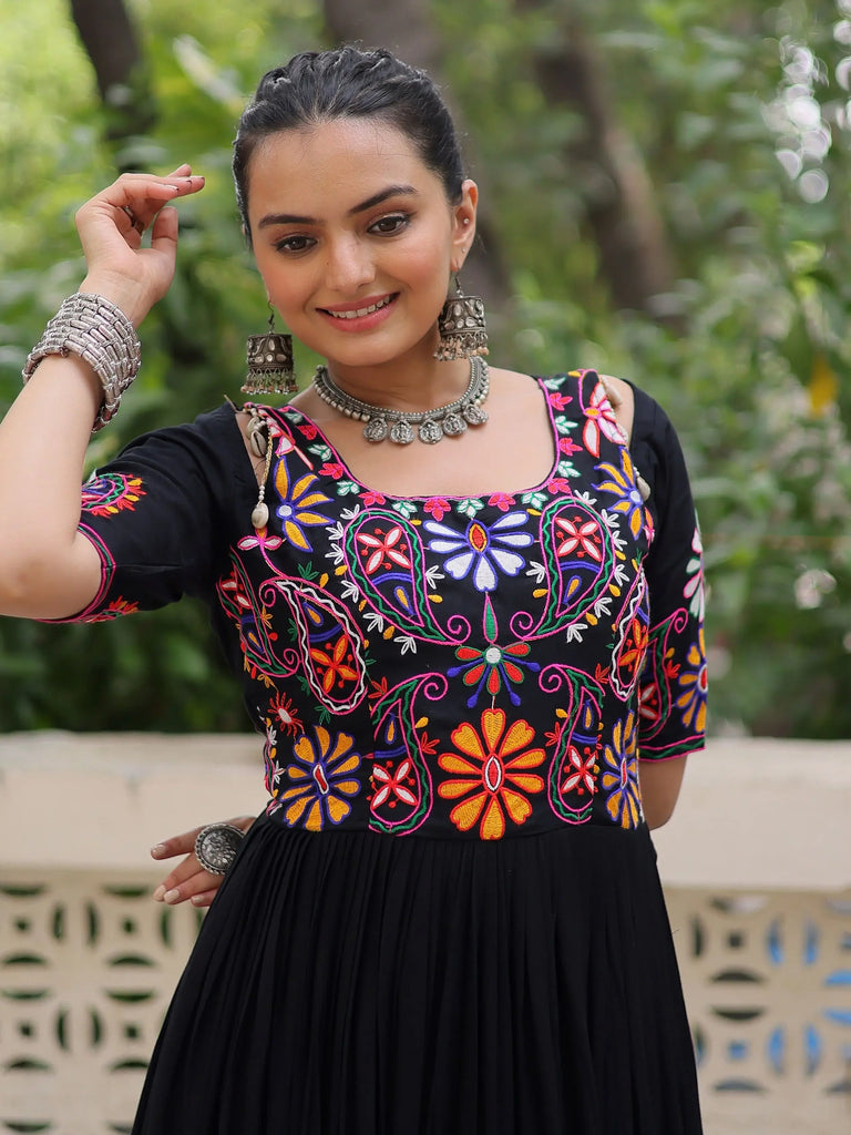 Wonderful Black Rayon Thread Embroidered Navratri Wear Gown