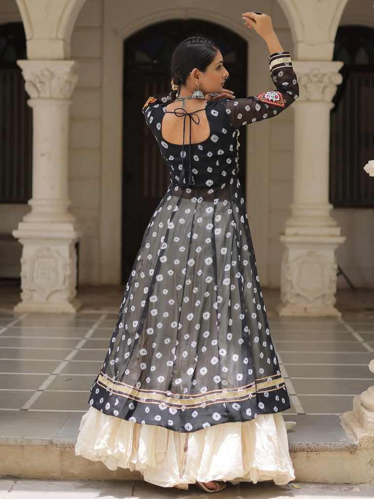 Amazing Black Cotton Bandhani Printed High Slit Top With Lehenga
