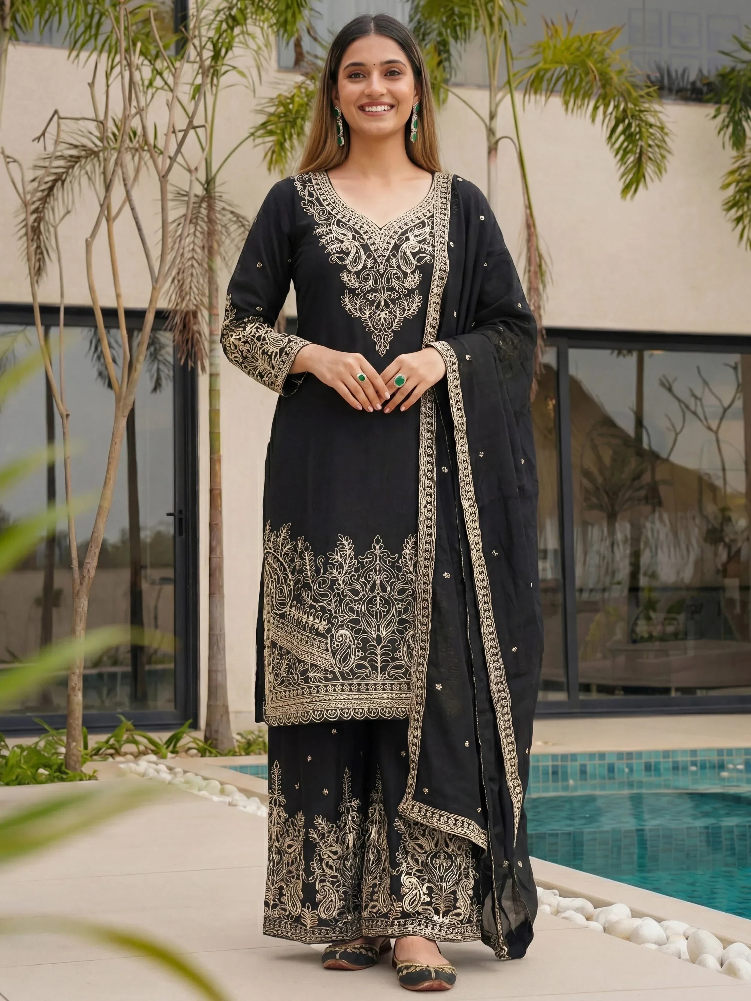 Incredible Black Embroidered Chinon Festival Wear Palazzo Suit