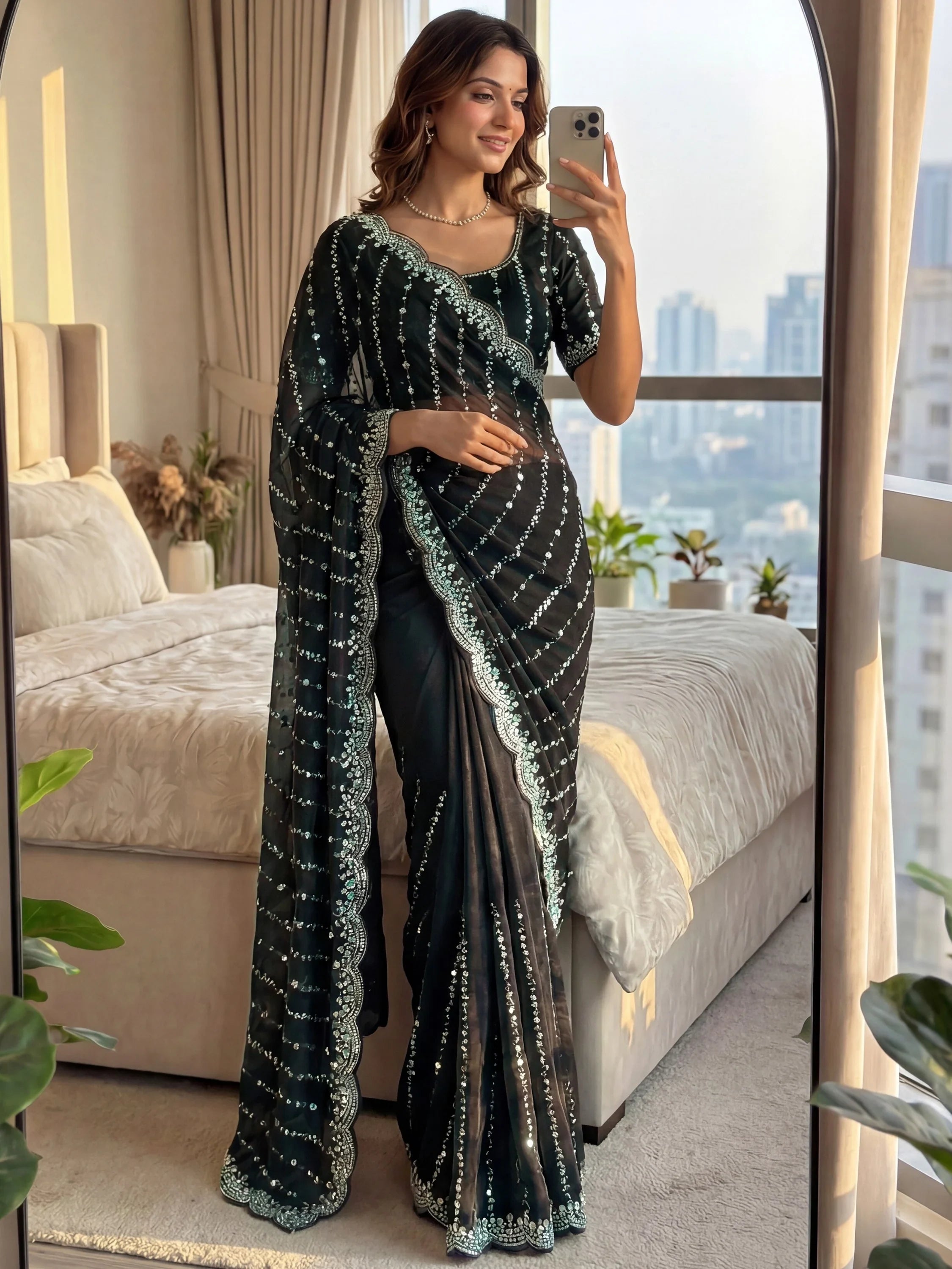 Adorable Black Beads Work Satin Party Wear Saree With Blouse