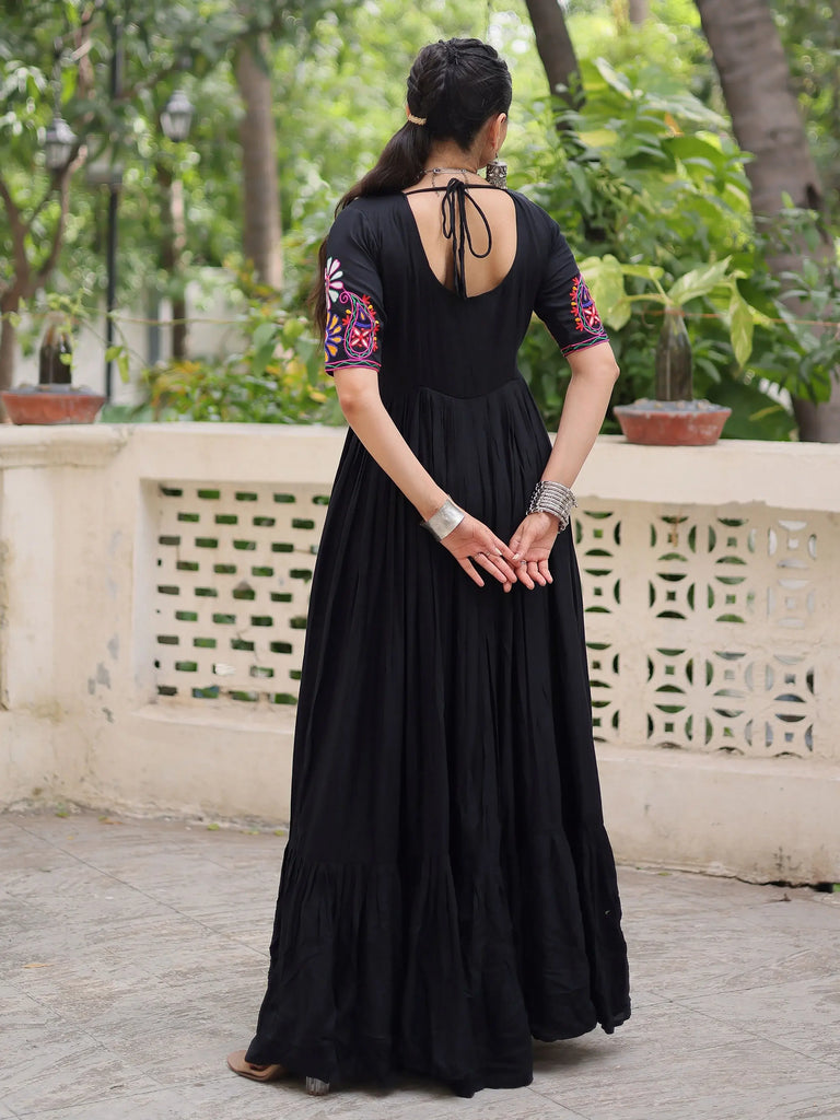 Wonderful Black Rayon Thread Embroidered Navratri Wear Gown