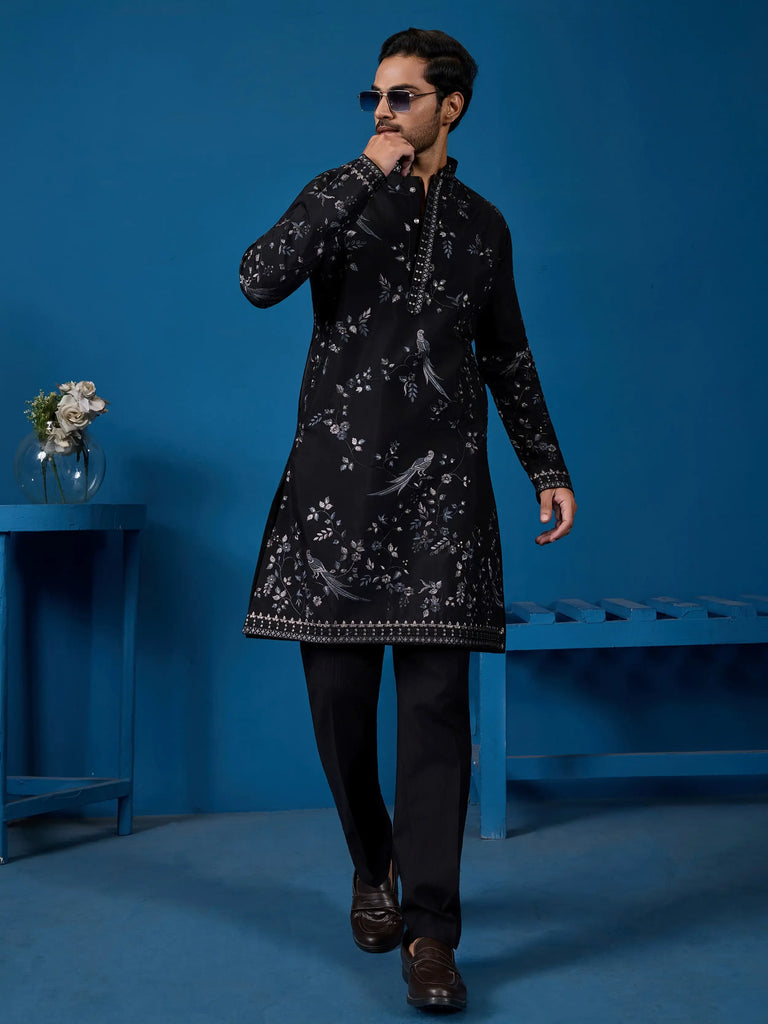 Stunning Black Thread Embroidered Silk Wedding Wear Men Kurta