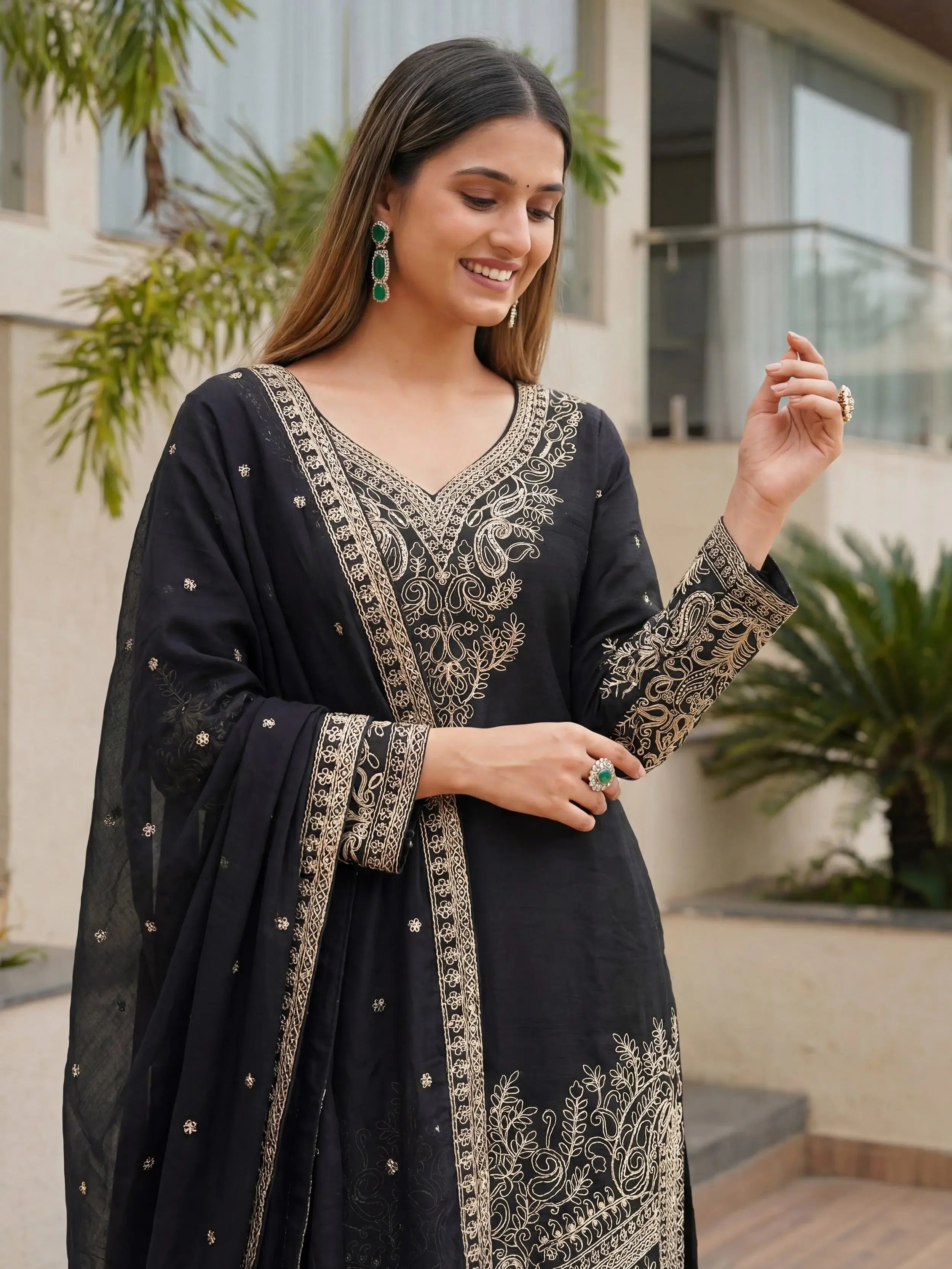Incredible Black Embroidered Chinon Festival Wear Palazzo Suit