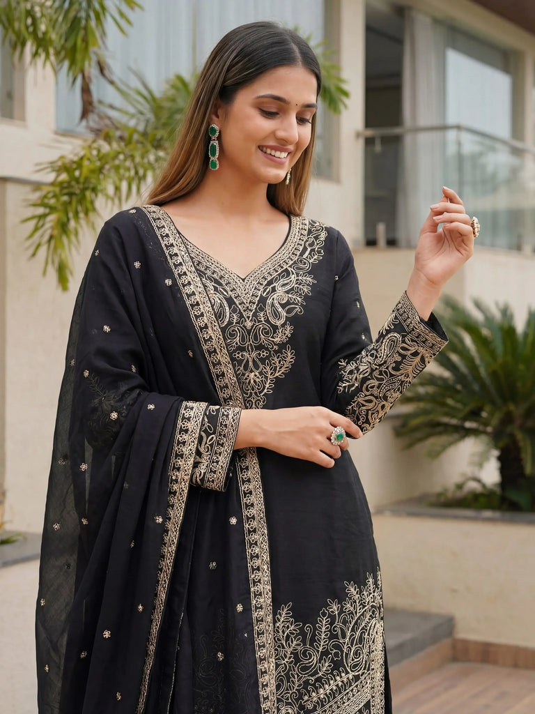 Incredible Black Embroidered Chinon Festival Wear Palazzo Suit