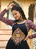Intricate Black Georgette Printed Festival Wear Layered Gown