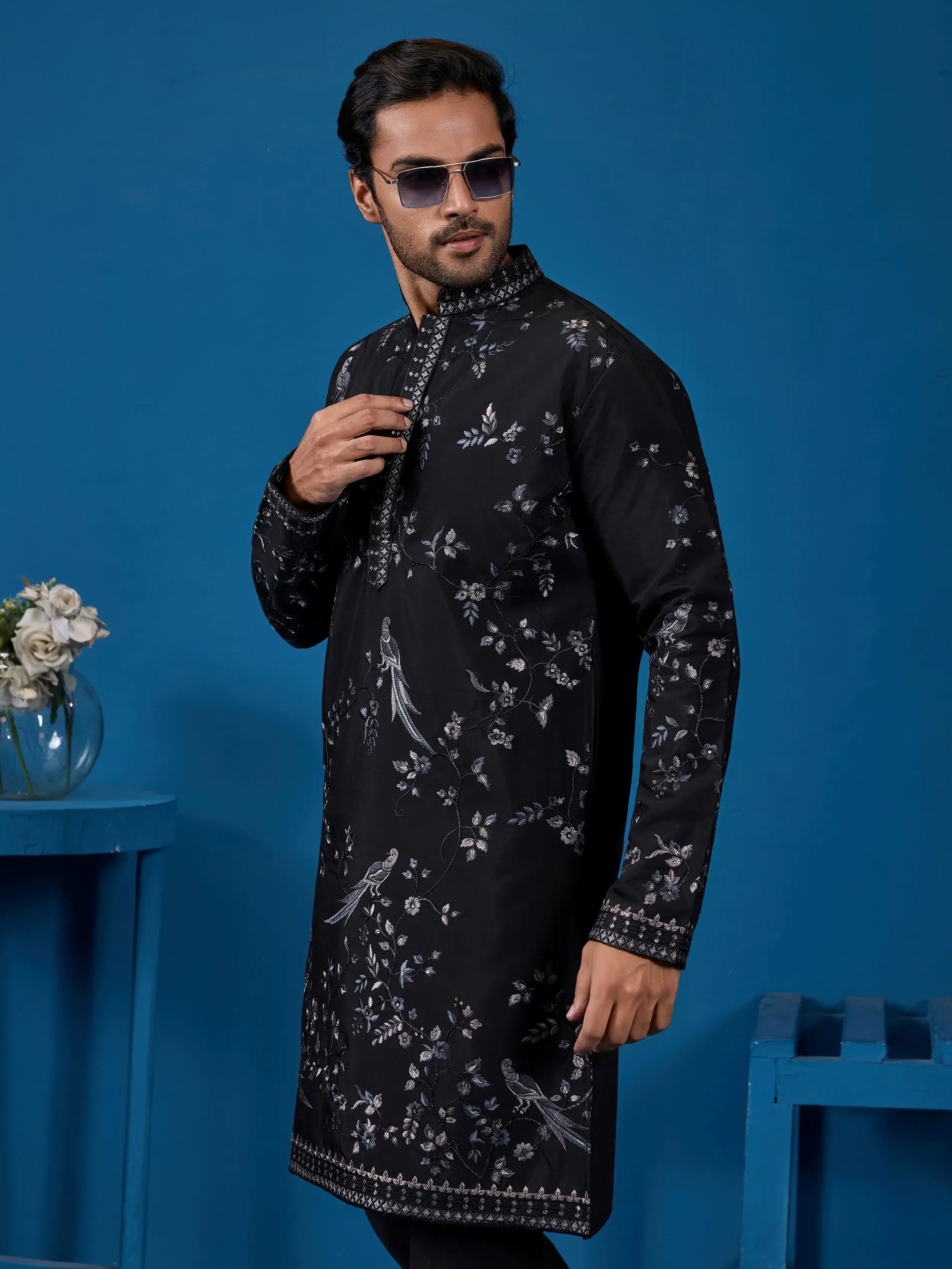 Stunning Black Thread Embroidered Silk Wedding Wear Men Kurta