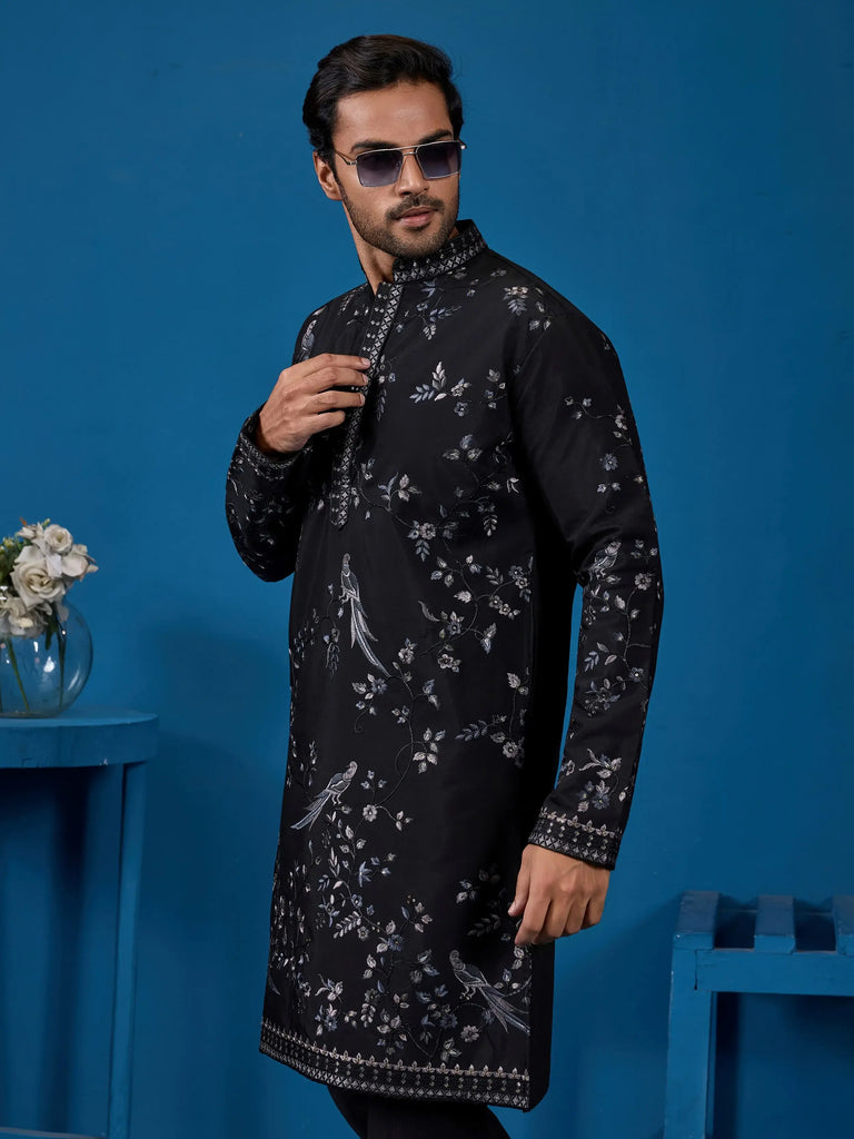 Stunning Black Thread Embroidered Silk Wedding Wear Men Kurta