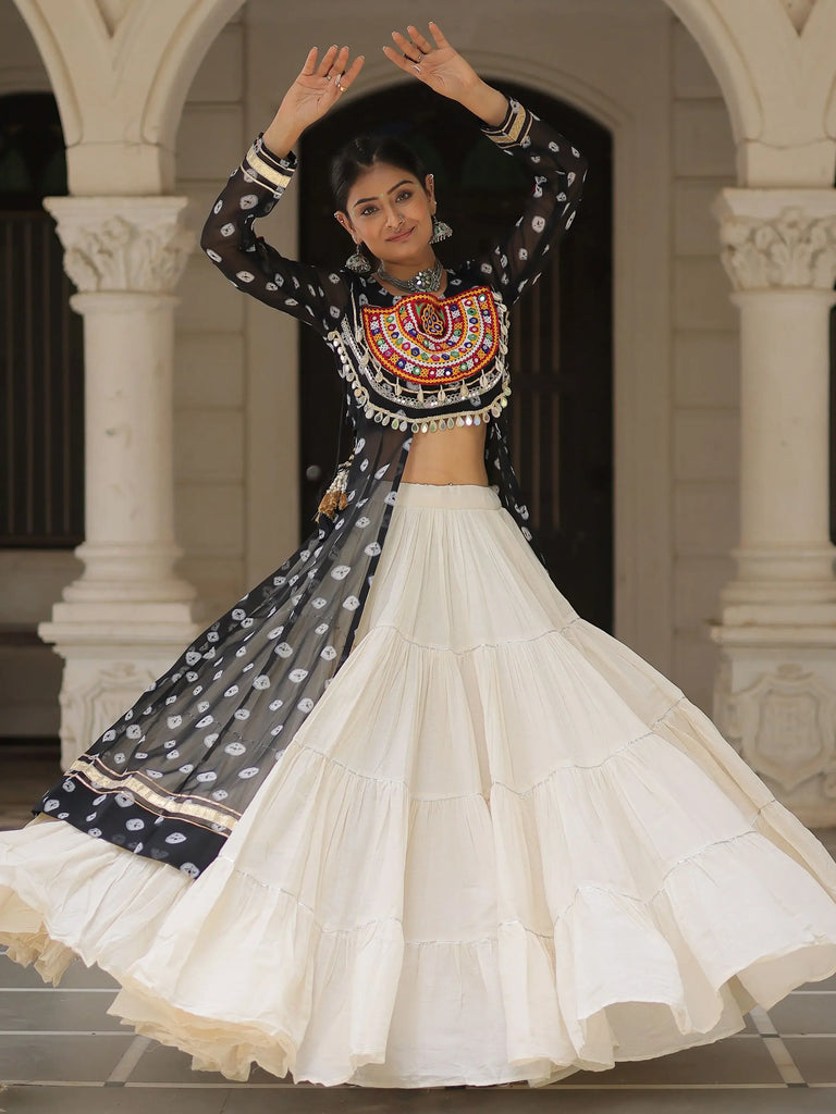 Amazing Black Cotton Bandhani Printed High Slit Top With Lehenga
