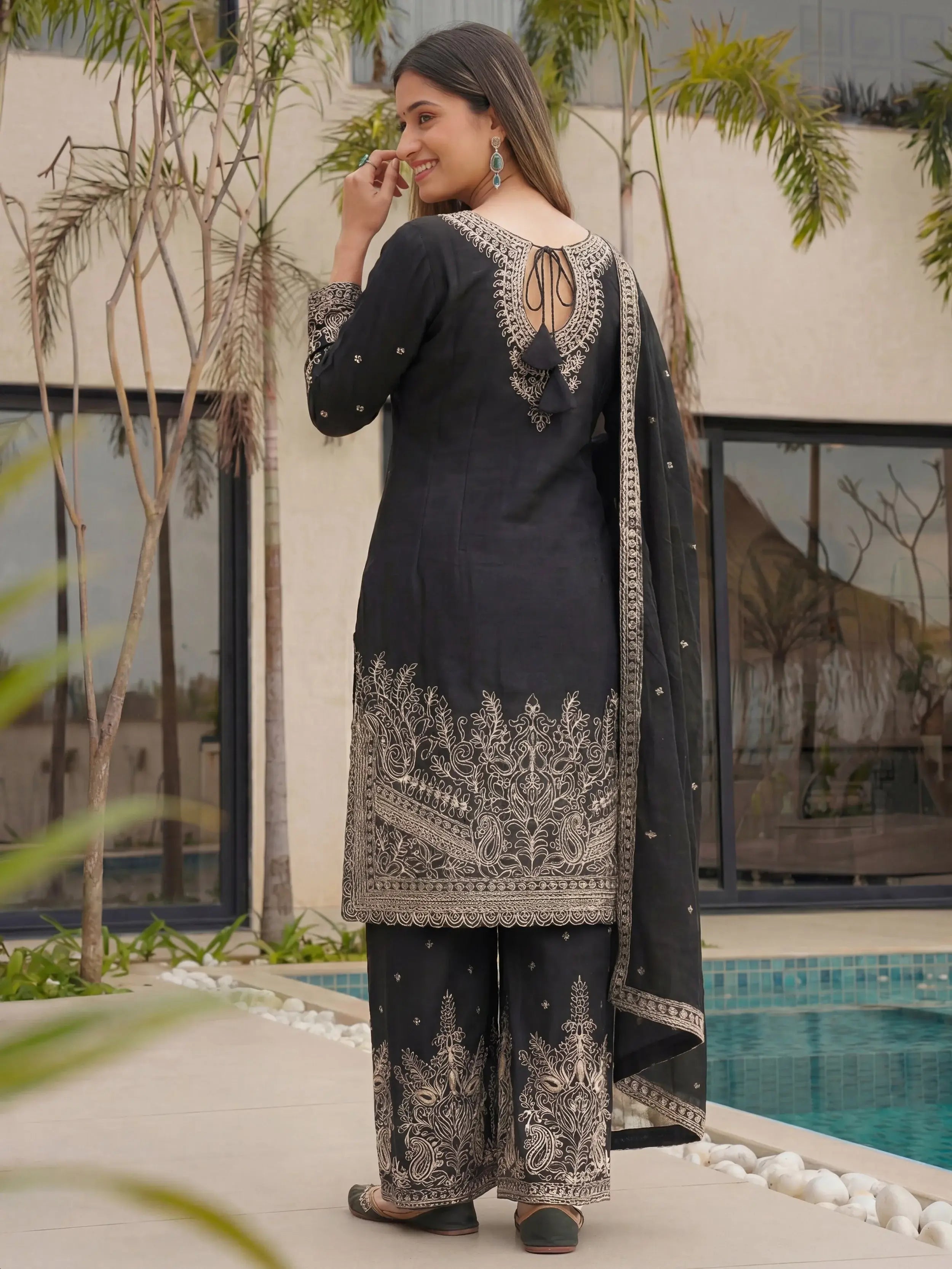 Incredible Black Embroidered Chinon Festival Wear Palazzo Suit