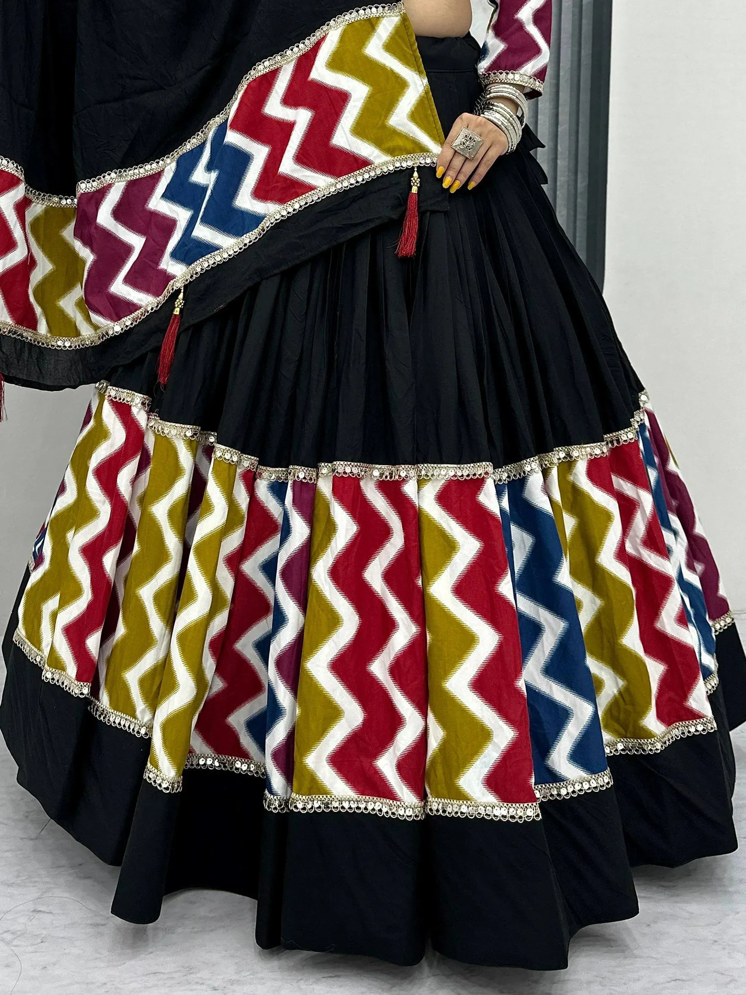 Black lehenga with colorful zigzag pattern and mirror work, Indian ethnic wear