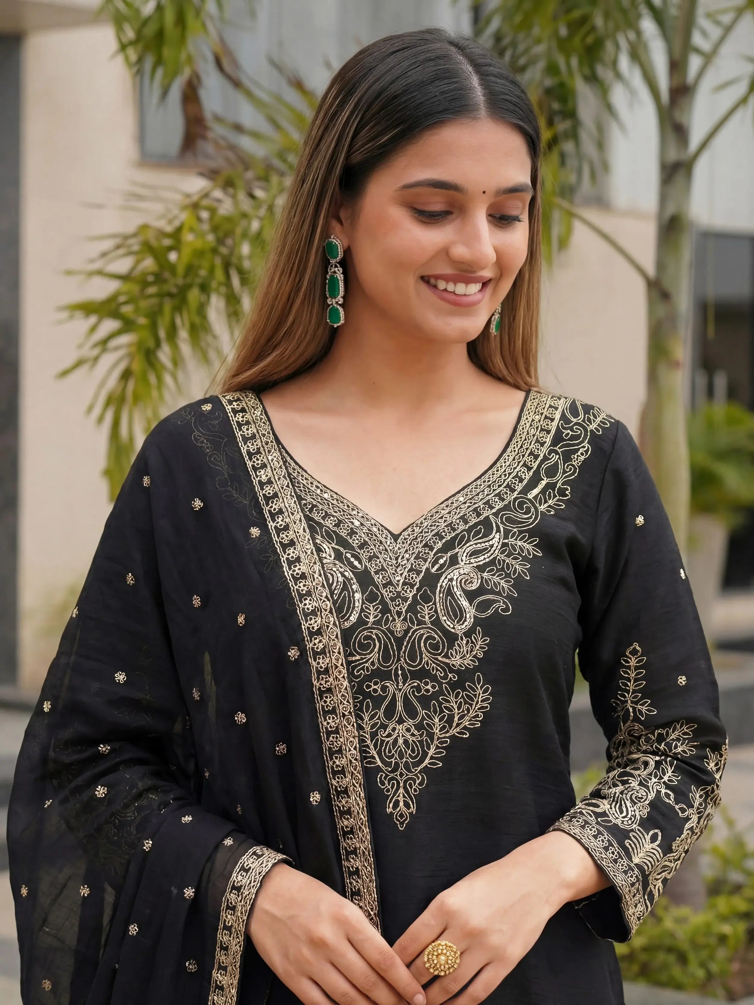 Incredible Black Embroidered Chinon Festival Wear Palazzo Suit