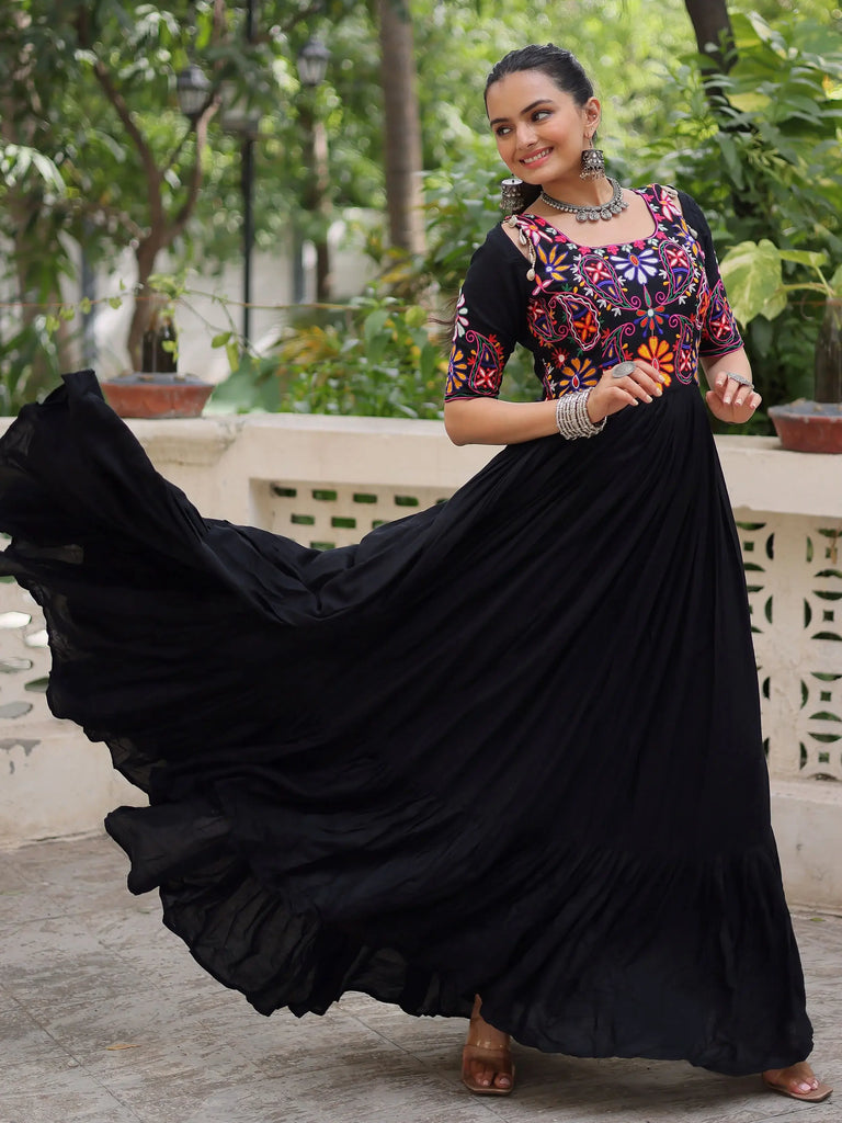Wonderful Black Rayon Thread Embroidered Navratri Wear Gown