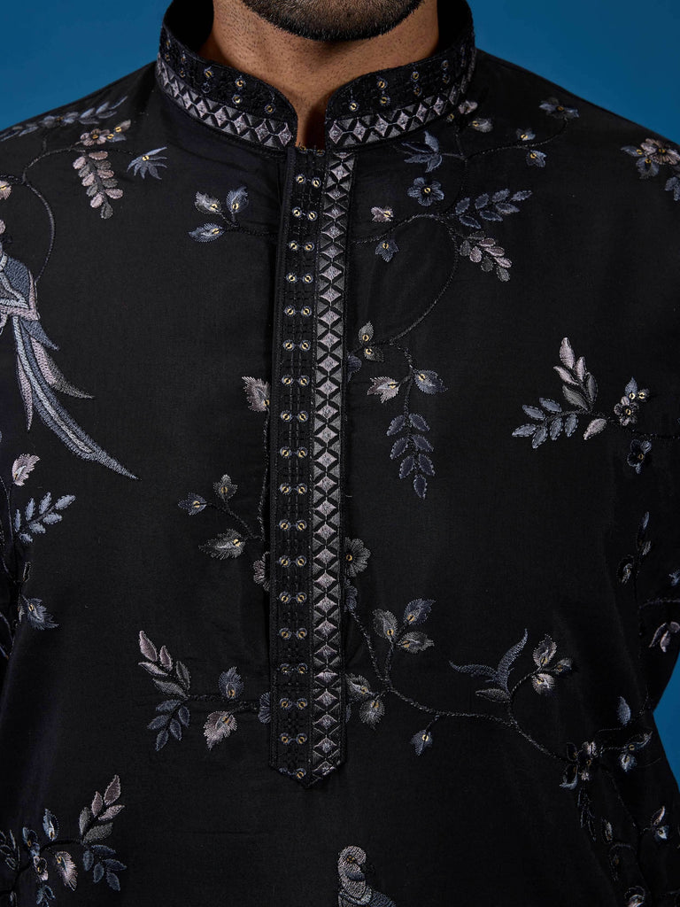 Stunning Black Thread Embroidered Silk Wedding Wear Men Kurta