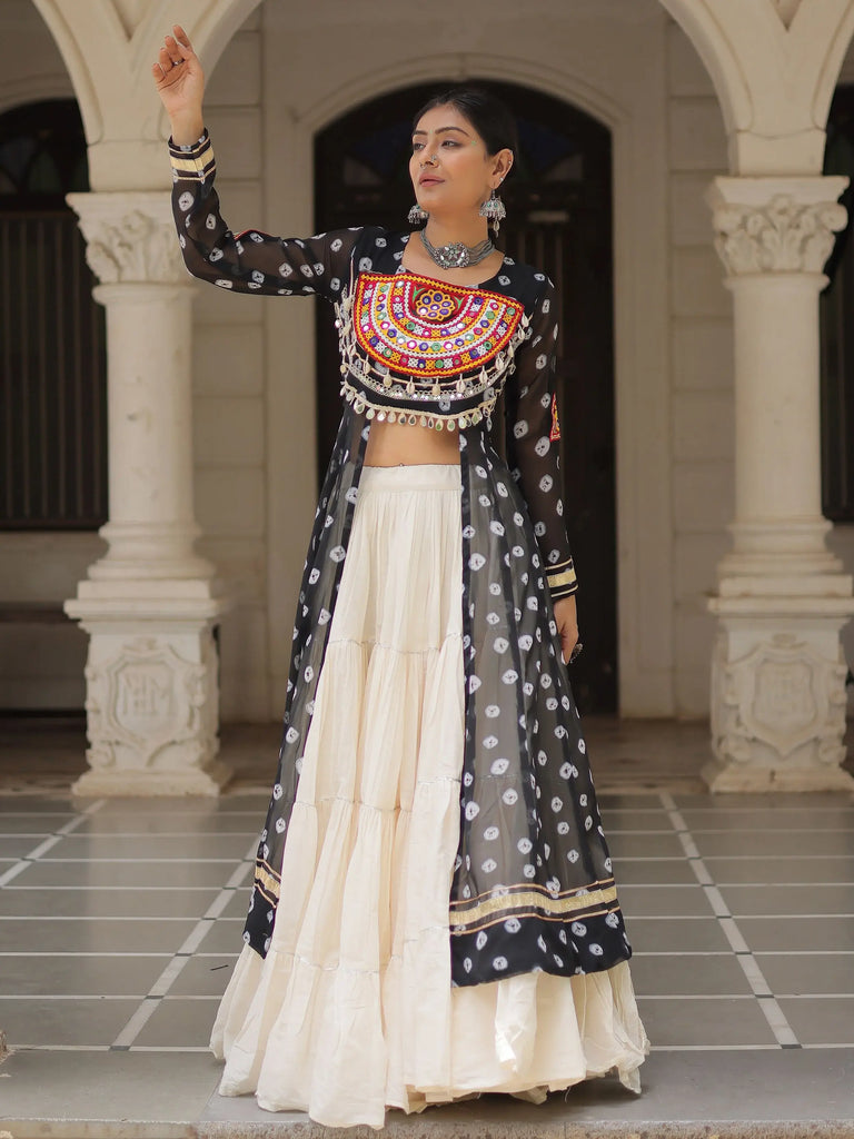 Amazing Black Cotton Bandhani Printed High Slit Top With Lehenga