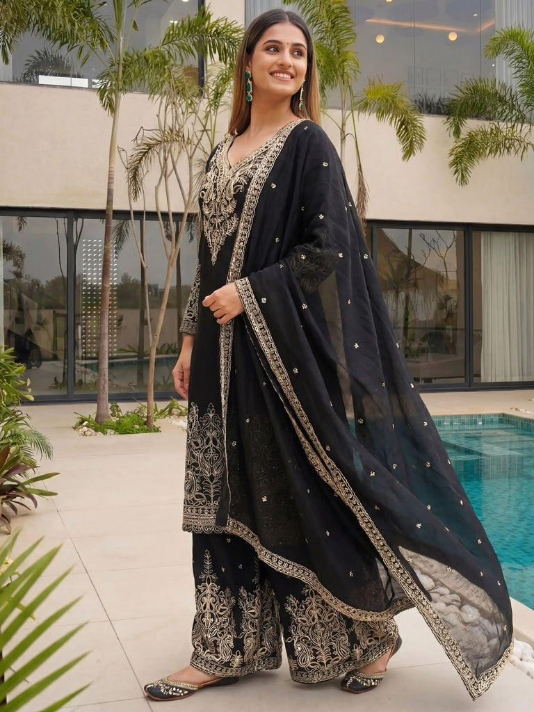 Incredible Black Embroidered Chinon Festival Wear Palazzo Suit