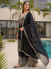 Incredible Black Embroidered Chinon Festival Wear Palazzo Suit