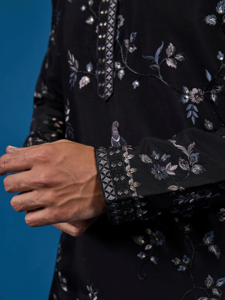 Stunning Black Thread Embroidered Silk Wedding Wear Men Kurta