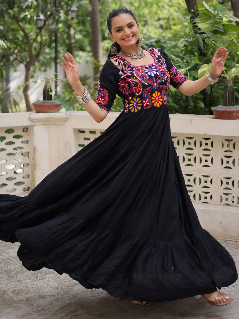 Wonderful Black Rayon Thread Embroidered Navratri Wear Gown
