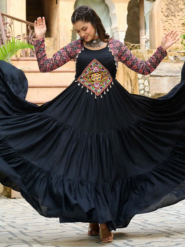 Intricate Black Georgette Printed Festival Wear Layered Gown