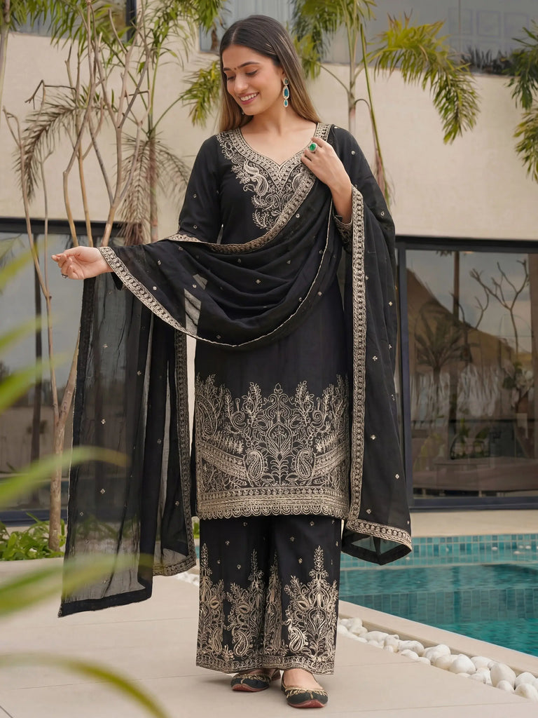 Incredible Black Embroidered Chinon Festival Wear Palazzo Suit